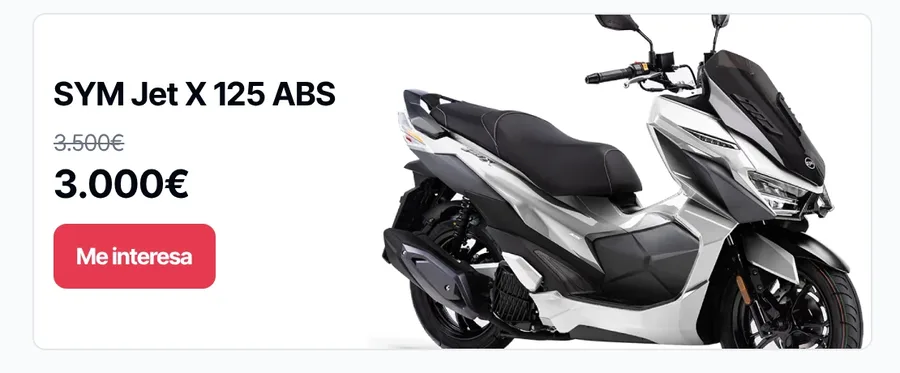 Ficha de una SYM Jet X 125 ABS en stock, rebajada de 3.500 € a 3.000 €, con el botón «Me interesa»