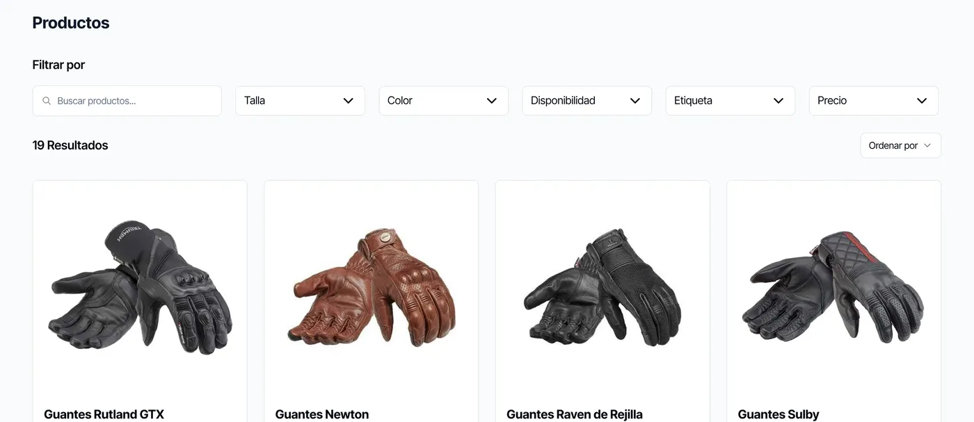 Tienda online de un concesionario con filtros por talla, color y precio, y guantes de moto a la venta