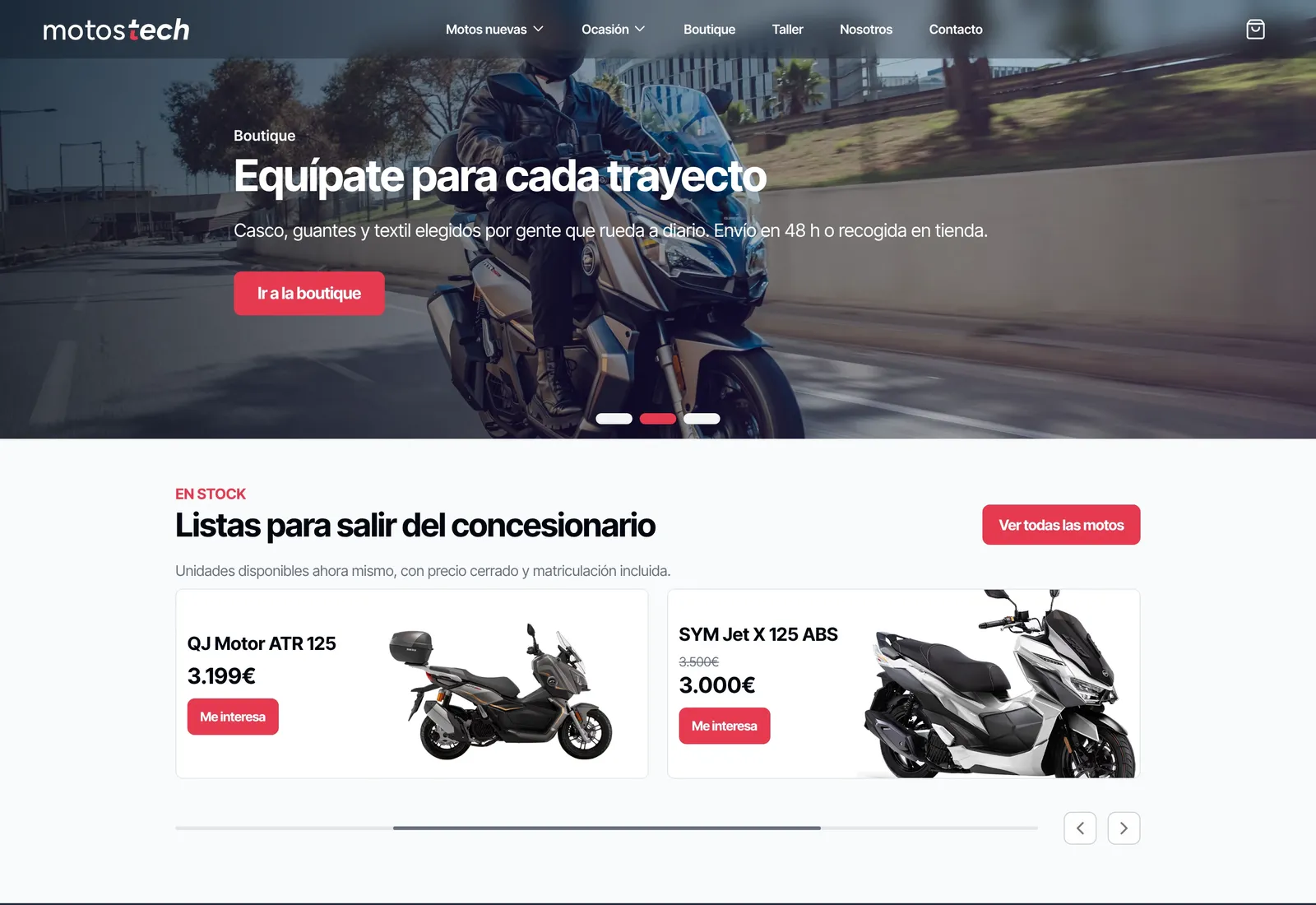 Web de demostración de un concesionario: portada con la boutique y motos en stock con su precio